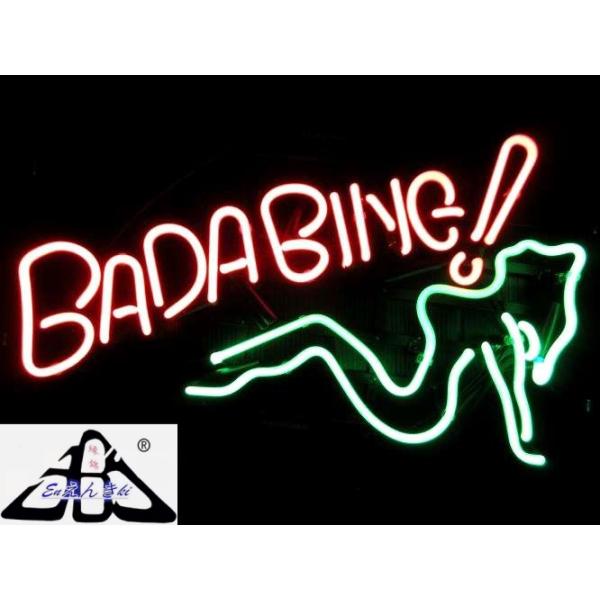 BADA BING! ピンナップ女性シルエット 赤文字×緑ライン バー/ラウンジ用 ガラス製 ネオンサイン 看板 LEDライト風 インテリア照明 店舗装飾 オーダーメイド対応