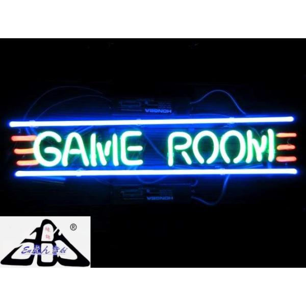 GAME ROOM 青ライン×緑文字 横長デザイン ゲーム部屋・バー 店舗用ウィンドウサイン インテリア ガラス製 ネオンサイン 看板 LEDライト風  オーダーメイド対応