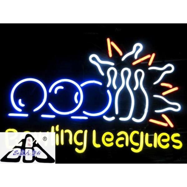 ガラス製 ネオンサイン 看板 LEDライト風 Bowling Leagues ボウリング ピンとボール 青白赤黄 スポーツバー カフェ用 オーダーメイド対応