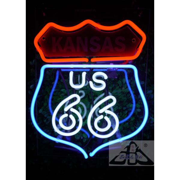 オリジナル　ネオンサイン ガラス製 US66 KANSAS 青×赤 　アメリカン　バー 店舗看板 インテリア　壁掛け led 看板 アメリカン雑貨  店舗用 オーダーメイド可能