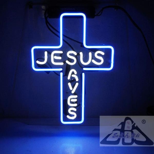 ネオンサイン Jesus クロス型 青白 ガラス 看板 十字架 ライト 店舗看板 インテリア  壁掛け led 看板 アメリカン雑貨 明るい カフェ バー  オーダーメイド可能