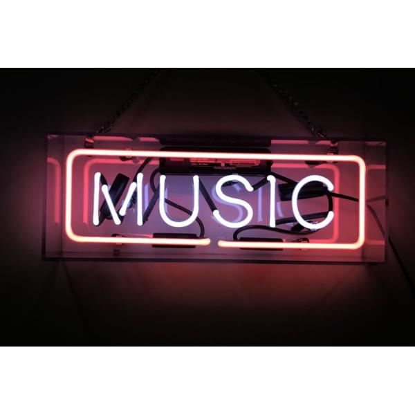 ネオンサイン MUSIC ガラス製サイン 白文字 ピンク枠 音楽バー装飾  壁掛け led 看板 アメリカン雑貨 おしゃれ インテリア 店舗用 電飾 オーダーメイド可能