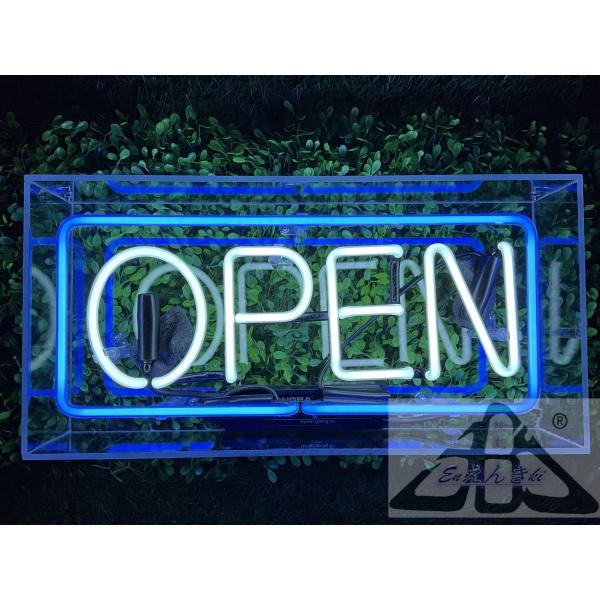 ネオンサイン OPEN  ガラス看板 白文字青枠 店舗用 照明 アメリカンスタイル 壁掛け led 看板 おしゃれ インテリア 店舗用 電飾  オーダーメイド可能