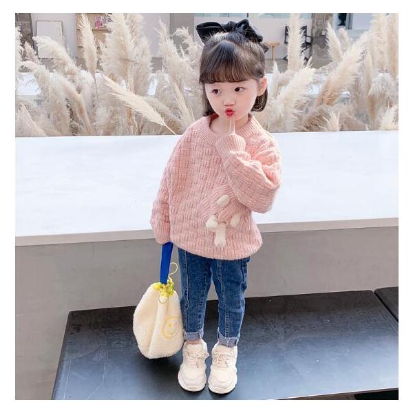 ニットトップス キッズ セーター トップス 女の子 カットソー 長袖 丸首　子供服 赤 おしゃれ　女の子　防寒 秋冬　熊　縫いぐるみ　可愛い　