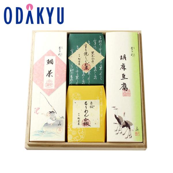 箱サイズ：26.5×24.2×4(cm)内容：鯛茶42g×4（かやく付き）、胡麻豆腐43g×4種（柚子味噌付き）、黒毛和牛すき焼しぐれ煮60g、赤坂ちりめん山椒30g賞味期間：製造から常温180日