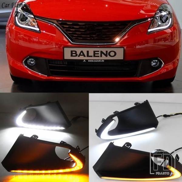 【並行輸入品】2個 LED DRL デイタイムランニングライト フォグランプカバー イエローウィンカー付き デイライト スズキ バレーノ 2016-2019