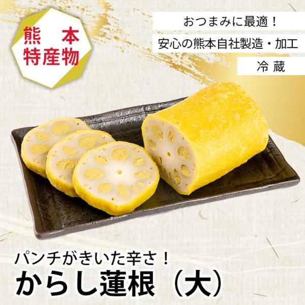 【商品について】1本約330g熊本名物からし蓮根を1本より注文できます。【からし蓮根の由来】からし蓮根は江戸時代熊本城のお殿様であった細川忠利が病弱であったことより玄宅和尚が考えたもので、蓮根の穴にからし味噌を詰めて、ウコンを混ぜた黄色い衣...