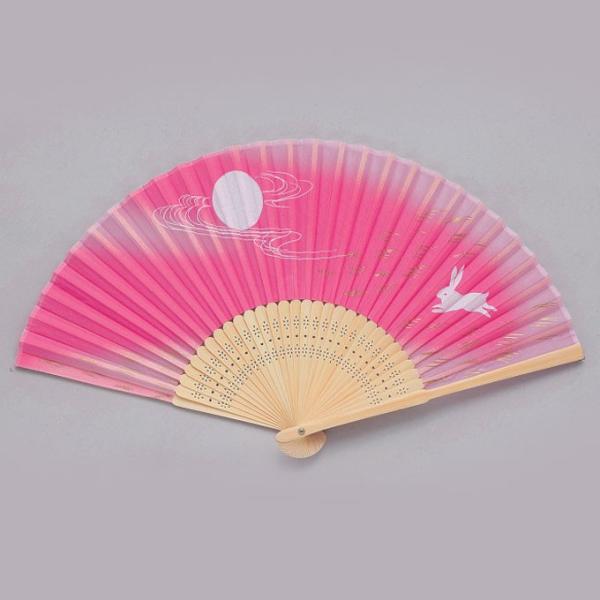 扇子 女性用 夏扇子 絹製 ピンク地 月うさぎ シルク ゆかた : ODORI
