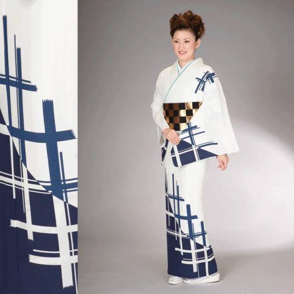 踊り 着物 付下げ 洗える 附下 白地 紺 破れ格子柄 絵羽 胴抜き