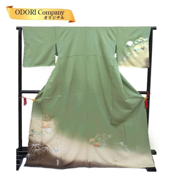 正絹 訪問着 袷 附下 付下げ 仕立上がり 松葉色ぼかし地 花 1点もの