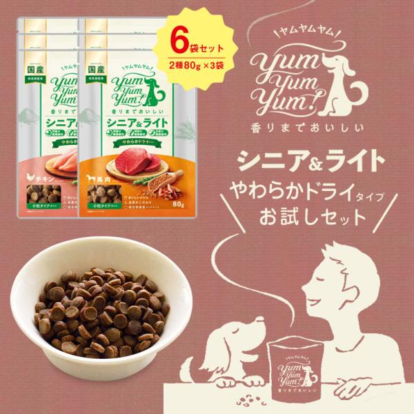 yum お試しセット シニア＆ライト やわらかドライタイプ (2種×80g 3袋