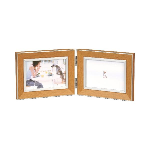 ■外寸：350 x 136mm■内寸：127 x 89mm（左右同様）■窓寸：120 x 82mm（左右同様）■重量：370g■パッケージ：かぶせ箱■対応サイズ：L判■柄：木目■本体：樹脂製■面材：ガラス横のみ・置きのみ