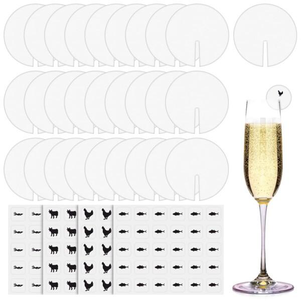 OLYCRAFT 200枚 ワイングラスタグ ワインマーカー カード 紙製 円形 黒の食事ステッカー付き 鶏肉/ニンジン/魚/牛 ドリンクトッパー 結婚式 誕生日 パーティー用 デコレーション 装飾 ホワイト商品コード：6707988553...