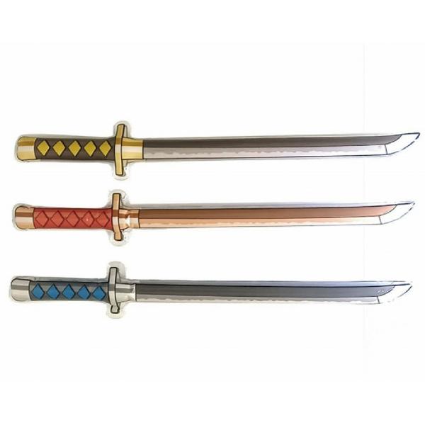 ビニール製空気でふくらませる日本刀１２個セット　３色アソート本体サイズ　全長６７センチ※商品サイズはあくまで目安になります。商品はしぼんだまま折りたたんだ状態で発送します。※※※必ずお読みください。※※商品の入荷時期により、予告なくカラーア...