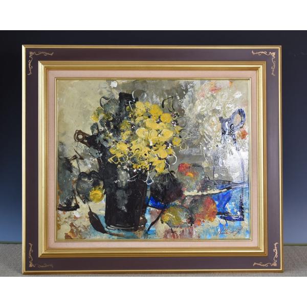 真作】 池田秀郎 絵画 ≪ 机上の物 ≫ 花 油彩画 静物画 花瓶 F8号