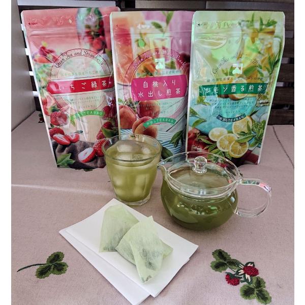お得３種類セット、いちご緑茶、白桃煎茶、レモン煎茶、水出しティーバッグ　各１袋。