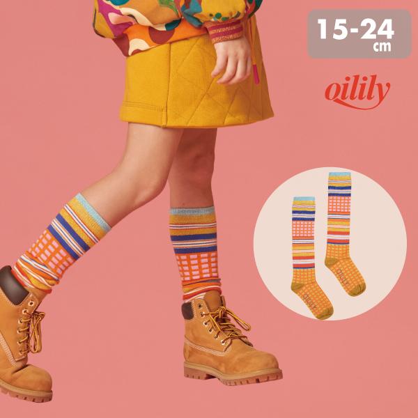 20%OFF【正規品 公式】オイリリー 可愛い 目立つ 靴下 キッズ 女の子 綿混 ラメ ハイソックス 黄色 マルチカラー チェック ボーダー 運動会 YF23GTI233