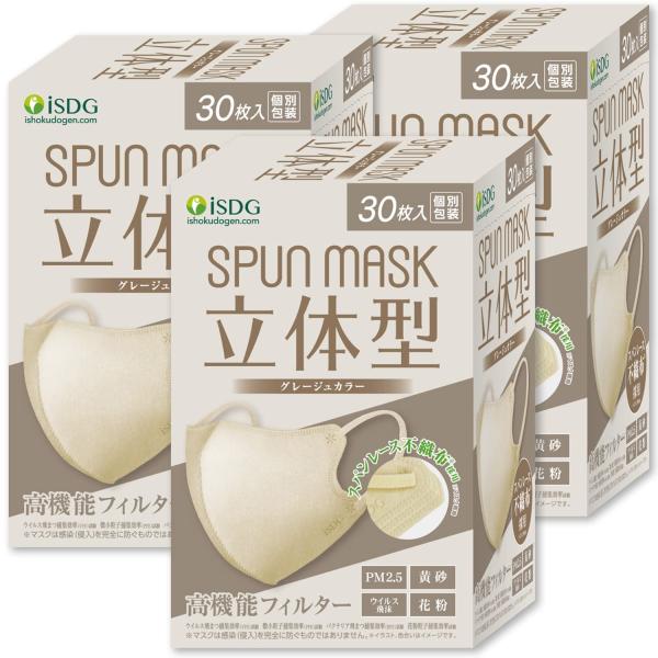 他サイト： 医食同源ドットコム iSDG90枚 30枚入x3箱 立体型スパンレース不織布カラーマスク SPUN MASK (スパンマスク) 個包装 グレの商品画像