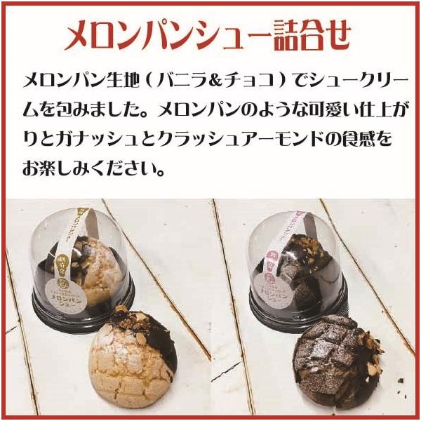 別府市にある洋菓子エパヌイールのメロンパンシュー詰合せです。メロンパン生地(バニラ＆チョコ)でシュークリームを包みました。メロンパンのようなかわいい仕上がりと、表面にかけたガナッシュとクラッシュアーモンドが食感となってなお一層美味しくお召し...