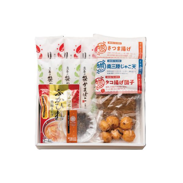 笹かまぼこ、揚げかまぼこをバランスよく詰め合わせ、さらに三陸名産の逸品をプラスしました。化粧箱入りでお中元やお歳暮などの贈答用にぴったりです。【内容】リアスの秘伝３枚（賞味期限約１週間）及善の笹かまぼこ３枚（賞味期限約１週間）タコ揚げ団子１...