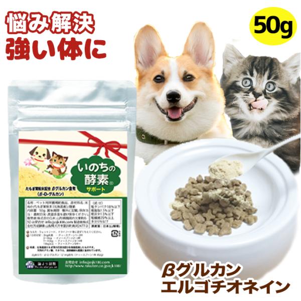 【内容】「βグルカン いのちの酵素サポート 50g」（ペット用酵素含有健康食品）【原材料】米ぬか/北海道産たもぎ茸粉末/麹菌 ※遺伝子組み換えは使用していません【広告文責】株式会社OJK 【販売】株式会社OJK　健康促進事業部【区分】ペット...