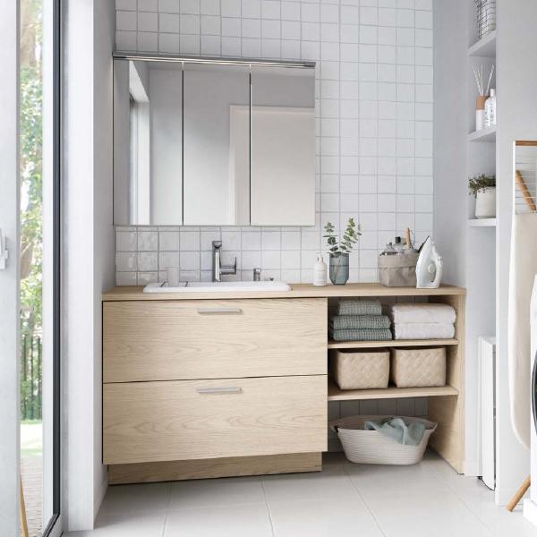 洗面化粧台 ドレーナ 間口1500mm 二段引き出し 木製三面鏡900mm 陶器製広ふかボウル 扉 ラフペールウッド カウンター ラフペールウッド Ok Depot 通販 Yahoo ショッピング