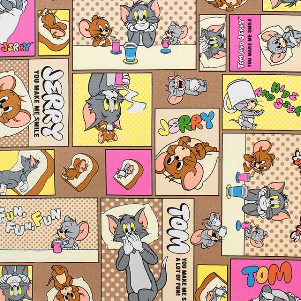 【オーダー生地一覧】絵本　トムとジェリー　はらぺこあおむし 生地 トムとジェリー コミック柄 パン/オックス（G-3652） 1B.ブラウン