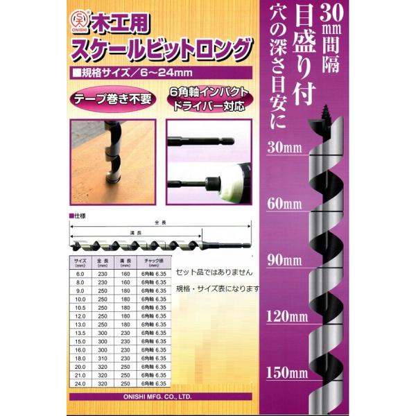 大西工業　木工用ドリル　スケールビットロング　10.5ｍｍ×250mm　30mm間隔目盛付