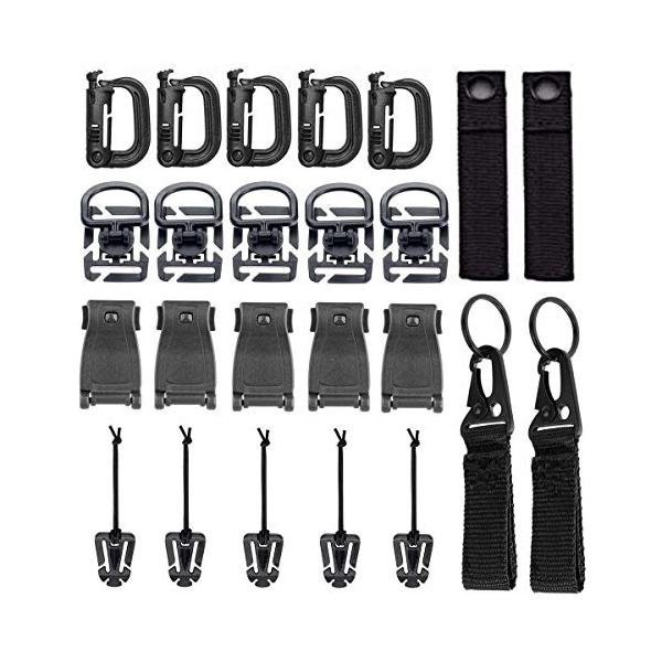6種類全部24個セットでコスパ抜群 パッケージ内容：Dリング*5*Dリング 360 回転 フック ホルダ*5*バックル クリップ *5*ベルクロ式ベルトキーホルダー*2*タイ ロック吊り*2*ウェビングクリップ*5 経済的、軽量で耐久性が高...