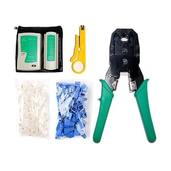 RJ45コネクター圧着工具+テスターのセット LANケーブル自作工具 セットストリッパー テスター コネクター