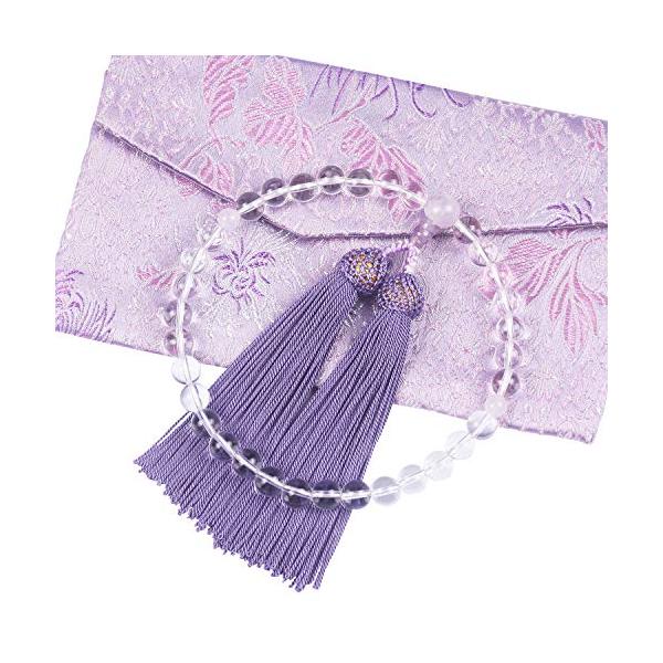 色：本水晶/数珠袋01 エレガントな数珠 エレガントな水晶を使用しており、とても女性らしくて綺麗な念珠です。お値段から見えない高級感があり、上品な雰囲気を演出してくれます。 落ち着いた紫色 色は紫色ですが、落ち着いた紫色です。渋い数珠を嫌が...