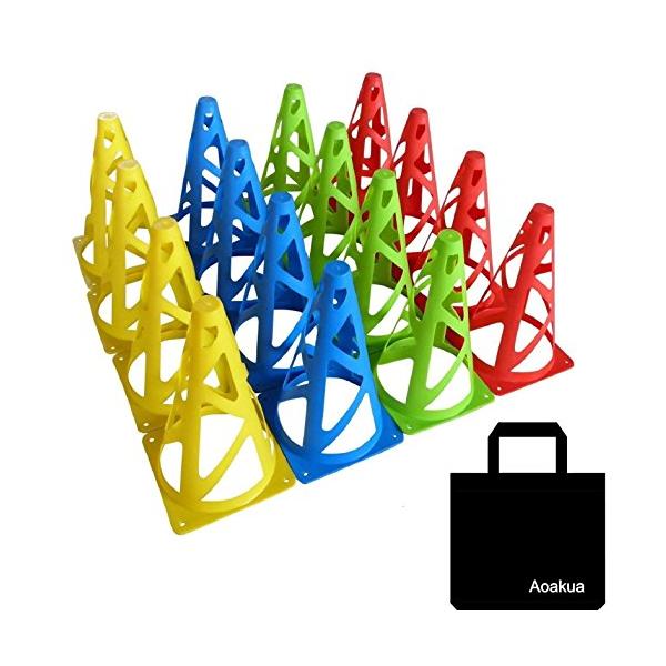 陸上競技・サッカーやフットサルなどの練習に使えるマーカーコーン。16個セットは 赤4・青4・黄色4・黄緑4 。サイズ：高さ約23cm、底面約13*13cm 正方形 素材：ポリエチレン 耐久性と柔らかさをもっています 　重量：75g便利なオリ...