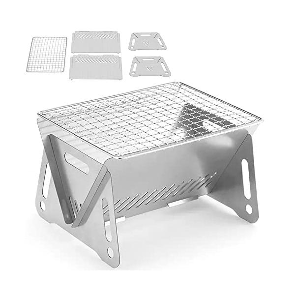 バーベキューコンロ  組立てサイズは21ｘ16ｘ12.5*、1*2人位でBBQするには丁度良いサイズ。 組立簡単  ねじ等は一切使わず4枚の板金を組立て、網を乗せるだけ。誰でも30秒程で組立てられます。 持ち運びに便利  重量約430gと超...