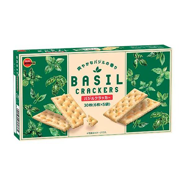 爽やかなバジルの香りバジルを練り込んで焼きあげたクラッカーです。爽やかなバジルの風味とクラッカーのパリパリ食感をお楽しみいただける一品です。【内容量】30枚（6枚×5袋）【入数】25コ【2025/04/08発売】