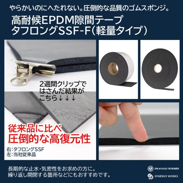 圧倒的にへたりにくい！隙間テープEPDM ゴム スポンジ 超低反発：長期高復元 高気密タフロングSSF-F粘着テープ付き  自動車 バイク 建築 製造 補修 止水 気密