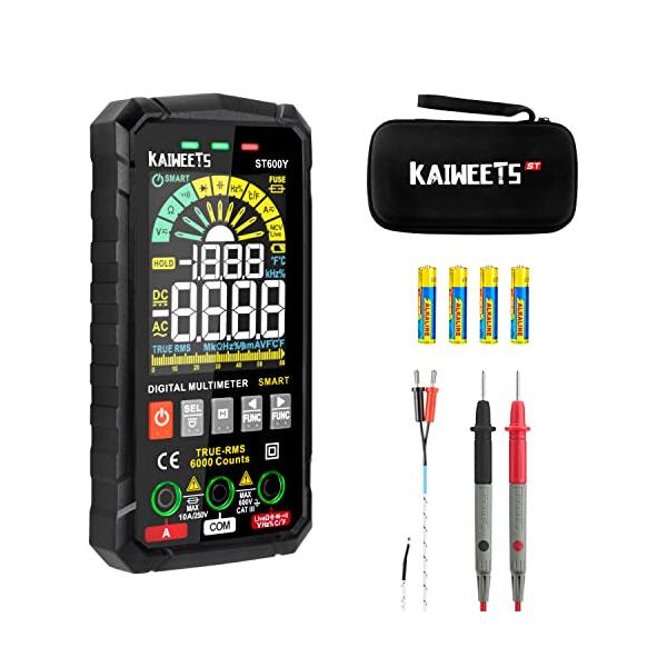KAIWEETS デジタルテスター 6000カウント マルチメーター 直流/交流電圧 抵抗 導通スマート測定 電流 静電容量 ダイオード デューティ比
