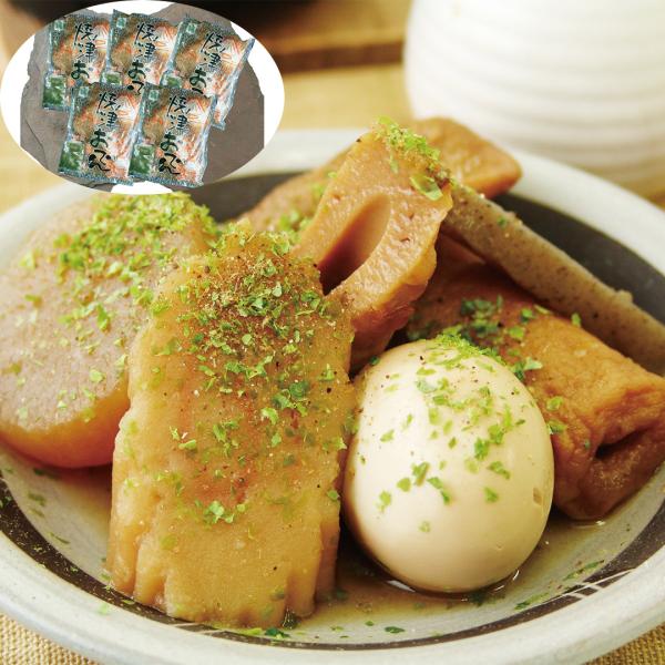 焼津は、昔から魚の町で、黒はんぺん、なると巻、かつおの水揚げも日本一。焼津おでんのスープのベースは、かつおダシで仕上げています。ダシ粉をかけて食べるのが焼津流です。