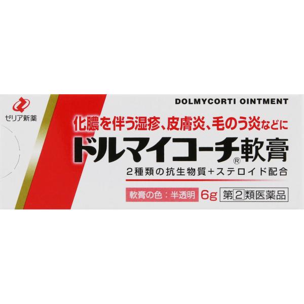 【あすつく対応】【商品説明：】ドルマイコーチ軟膏は抗菌力を有する二つの抗生物質、バシトラシンとフラジオマイシンを配合し、さらに痒みと炎症を抑えるヒドロコルチゾンを加え、細菌感染症及び炎症性の皮膚疾患に効果を発揮する皮膚疾患治療薬です。【用法...