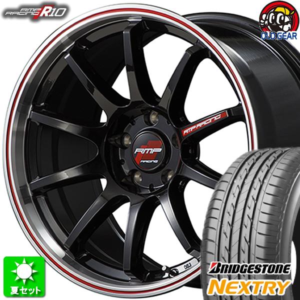 225/50R17 ブリヂストン ネクストリー 新品サマータイヤ ホイール 4本セット マルカサービス RMPレーシング R１０  クリスタルBK/リムPO+レッド 17インチ 5H100