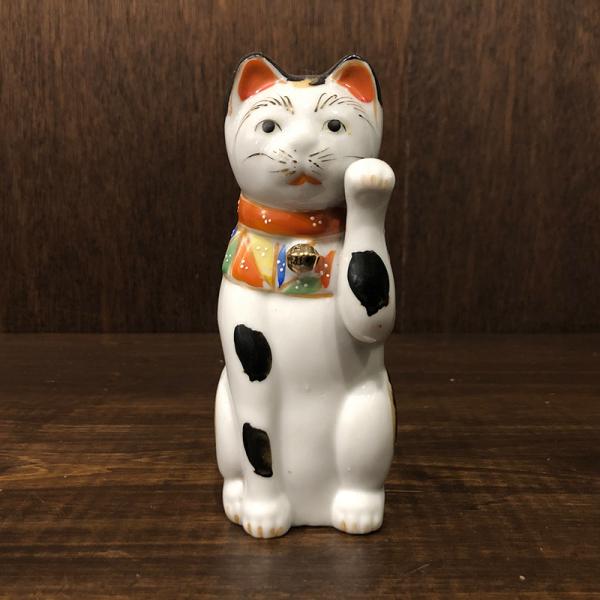 招き猫 古瀬戸 左招 15cm 当時物 色絵磁器 骨董品 ジャパン