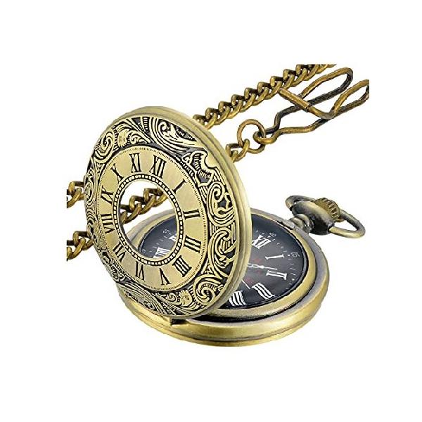 【並行輸入品】 LYMFHCH ヴィンテージ 懐中時計 ローマ数字 スケール クォーツ 懐中時計 チェーン付き クリスマス 卒業 誕生日 ギフト 父の日, ブロンズ,