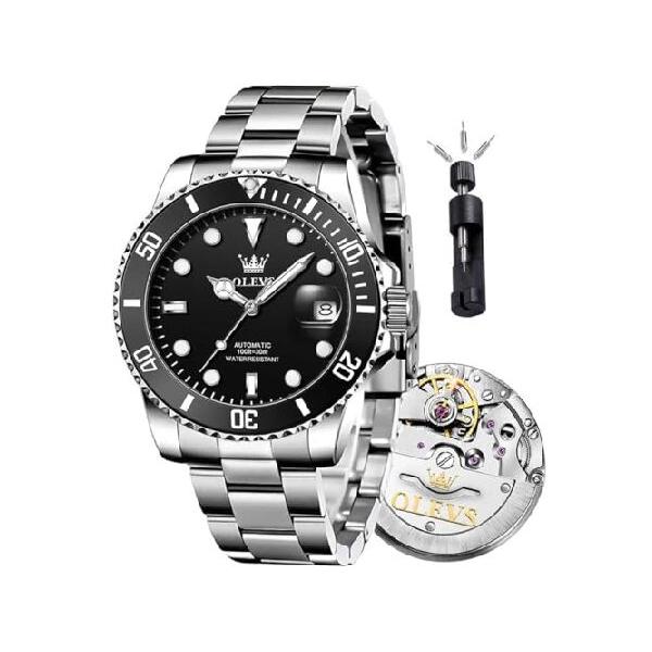【並行輸入品】 OLEVS Watch Men Automatic Watches for Men Self Winding Mens Watches Silver Black Wrist Watch for Man Mechanical Waterproof No Battery