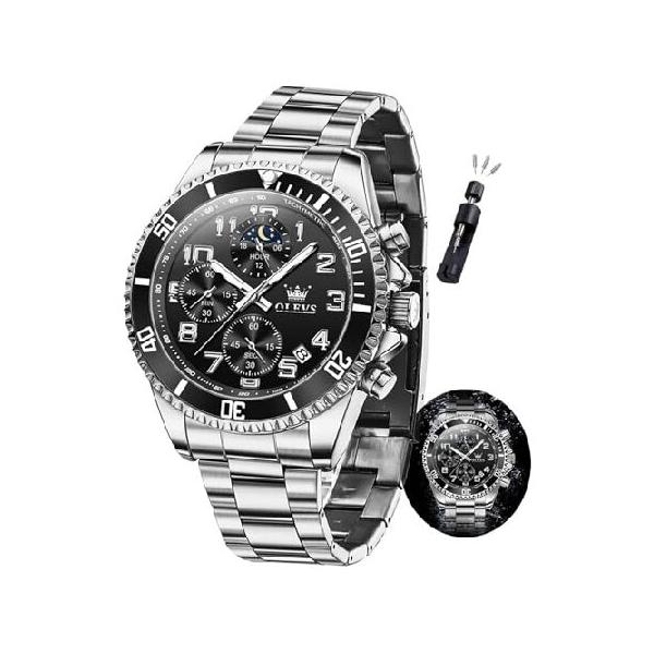 【並行輸入品】 OLEVS Watch Men Luxury Black Face Silver Stainless Steel Dress Wrist Waterproof Quartz Analog Watches for Men Nice Fashion Chronograph