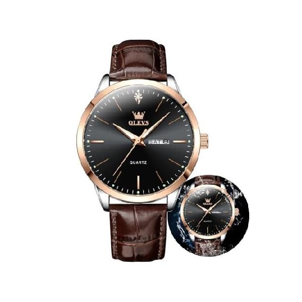 【並行輸入品】 OLEVS Watch Men Dress Waterproof Brown Leather Strap Watches for Men Casual Luxury Classic Large Blcak Face Nice Original Analog Dainty