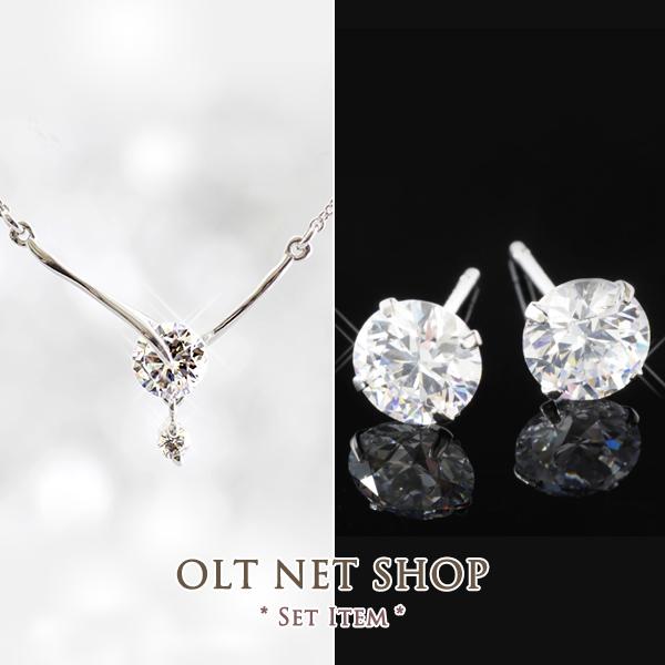 ネックレス ピアス セット / メタルラインバー Y字 一粒 cz