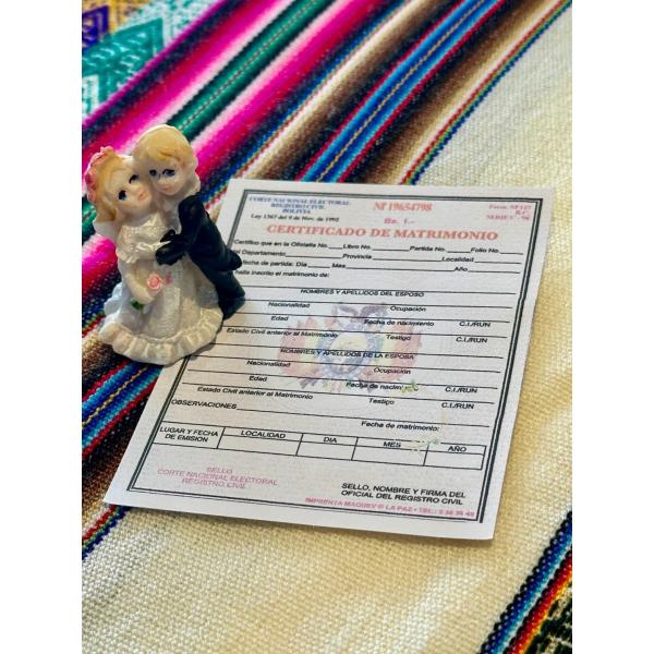 ボリビア ウエディングカップル人形 ミニチュア結婚証明書 セット エケコ人形用 小物 結婚 恋愛 夫婦円満 モチーフ 民芸品