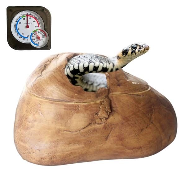 蛇 ヘビ シェルター:蛇の健康と快適さを追求した、へびのための安心して隠れることができるシェルター（家）です。ヘビが落ちく理想的なサイズ・形状・材質を厳選。初心者にもおすすめなヘビの隠れ家です。また飼育に便利な温湿度計付きです。落ち着いて隠...