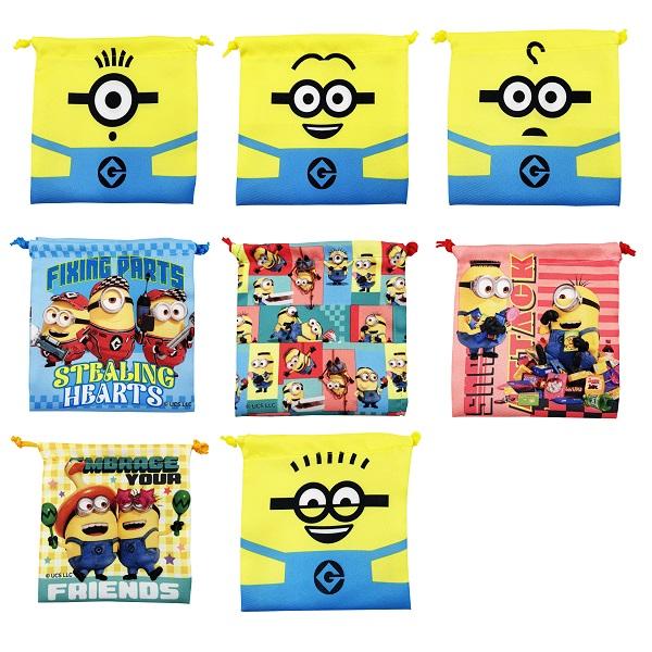 【商品名】ミニオンズミニ巾着袋【24個セット】【商品サイズ】商品サイズ：H150×W150ｍｍ【色】8柄アソート。色・柄の指定は出来ません。【注意事項】こちらの商品は業務用商材の為、不良品が出たとしても返品・交換・返金は一切出来ません。