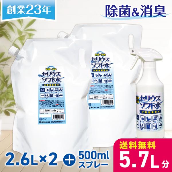 次亜塩素酸水 2.6L×2袋+500mlスプレーボトル 5.7L 200ppm 加湿器肺炎予防　除菌スプレー 遮光スプレーボトル アルコール不使用 除菌 介護施設 保育園 除菌水 消臭スプレー ウイルス 感染予防 人気 おすすめ ペット用 ...