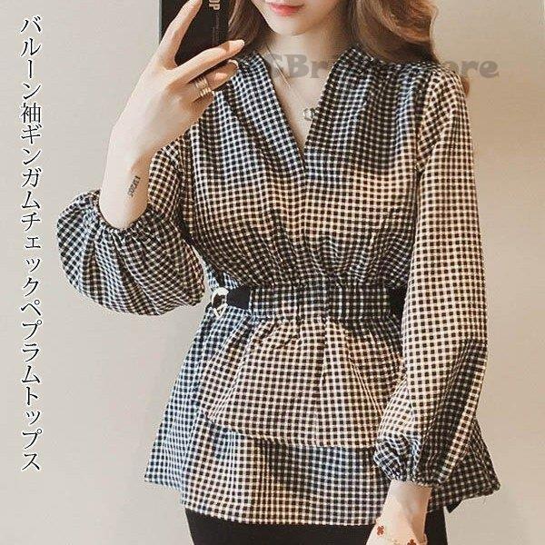ギンガムチェック ペプラムトップス シャツブラウス Vネック バルーン  